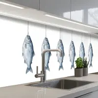 KitchenYeah Keuken achterwand 150x80 cm - Spatscherm zelfklevend Vissen - Illustratie - Delfts - Blauw - Muurbeschermer - Spatwand fornuis