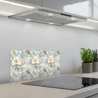 KitchenYeah Spatscherm 70x30 cm - Zelfklevende achterwand Botanisch - Zangvogel - Blauw - Keuken muurbeschermer - Spatwand fornuis