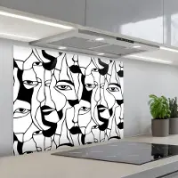 KitchenYeah Spatscherm 80x60 cm - Zelfklevende achterwand Lijnen - Gezichten - Zwart - Wit - Keuken muurbeschermer - Spatwand fornuis