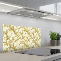 KitchenYeah Spatscherm 80x40 cm - Zelfklevende achterwand Kraanvogels - Kersenbloesem - Goud - Keuken muurbeschermer - Spatwand fornuis