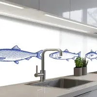 KitchenYeah Keuken achterwand 200x80 cm - Spatscherm zelfklevend Vissen - Blauw - Wit - Muurbeschermer - Spatwand fornuis