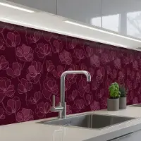 KitchenYeah Keuken achterwand 400x80 cm - Spatscherm zelfklevend Bloemen - Patroon - Bordeauxrood - Muurbeschermer - Spatwand fornuis
