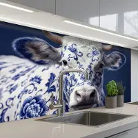 KitchenYeah Keuken achterwand 100x60 cm - Spatscherm zelfklevend Koe - Delfts - Blauw - Artistiek - Muurbeschermer - Spatwand fornuis