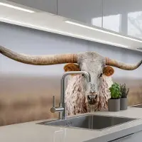 KitchenYeah Keuken achterwand 200x60 cm - Spatscherm zelfklevend Longhorn - Grasveld - Dier - Muurbeschermer - Spatwand fornuis