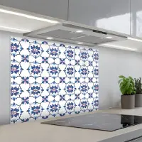 KitchenYeah Spatscherm 90x70 cm - Zelfklevende achterwand Modern - Patroon - Blauw - Roze - Keuken muurbeschermer - Spatwand fornuis