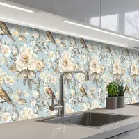 KitchenYeah Keuken achterwand 400x80 cm - Spatscherm zelfklevend Botanisch - Zangvogel - Blauw - Muurbeschermer - Spatwand fornuis