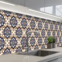 KitchenYeah Keuken achterwand 500x60 cm - Spatscherm zelfklevend Floraal - Ornament - Blauw - Muurbeschermer - Spatwand fornuis