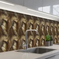 KitchenYeah Keuken achterwand 450x60 cm - Spatscherm zelfklevend Tropisch - Bladeren - Goud - Muurbeschermer - Spatwand fornuis