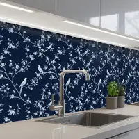 KitchenYeah Keuken achterwand 250x60 cm - Spatscherm zelfklevend Grafisch - Bloesemtak - Blauw - Muurbeschermer - Spatwand fornuis