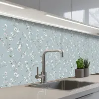 KitchenYeah Keuken achterwand 300x60 cm - Spatscherm zelfklevend Klassiek - Bloemen - Blauw - Muurbeschermer - Spatwand fornuis