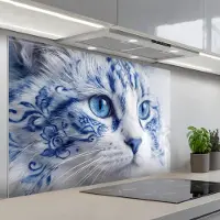 KitchenYeah Spatscherm 120x80 cm - Zelfklevende achterwand Kat - Patroon - Blauw - Keuken muurbeschermer - Spatwand fornuis