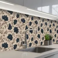 KitchenYeah Keuken achterwand 300x60 cm - Spatscherm zelfklevend Motief - Bloemen - Zwart - Beige - Muurbeschermer - Spatwand fornuis