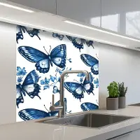 KitchenYeah Keuken achterwand 80x80 cm - Spatscherm zelfklevend Blauw - Vlinders - Bloemen - Wit - Muurbeschermer - Spatwand fornuis