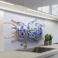 KitchenYeah Keuken achterwand 100x80 cm - Spatscherm zelfklevend Kever - Delfts - Blauw - Goud - Muurbeschermer - Spatwand fornuis
