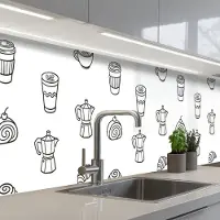KitchenYeah Keuken achterwand 300x60 cm - Spatscherm zelfklevend Koffie - Broodjes - Zwart - Wit - Muurbeschermer - Spatwand fornuis