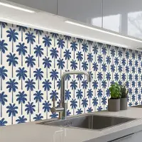 KitchenYeah Keuken achterwand 300x60 cm - Spatscherm zelfklevend Symmetrisch - Palm - Blauw - Muurbeschermer - Spatwand fornuis