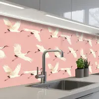 KitchenYeah Keuken achterwand 250x80 cm - Spatscherm zelfklevend Modern - Kraanvogels - Roze - Muurbeschermer - Spatwand fornuis