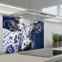 KitchenYeah Spatscherm 80x55 cm - Zelfklevende achterwand Koe - Delfts - Blauw - Artistiek - Keuken muurbeschermer - Spatwand fornuis
