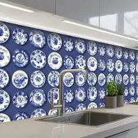 KitchenYeah Keuken achterwand 300x80 cm - Spatscherm zelfklevend Borden - Floraal - Blauw - Muurbeschermer - Spatwand fornuis