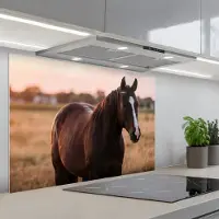 KitchenYeah Spatscherm 80x55 cm - Zelfklevende achterwand Paard - Zonsondergang - Bruin - Keuken muurbeschermer - Spatwand fornuis
