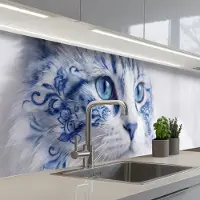 KitchenYeah Keuken achterwand 300x60 cm - Spatscherm zelfklevend Kat - Patroon - Blauw - Muurbeschermer - Spatwand fornuis