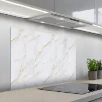 KitchenYeah Spatscherm 100x65 cm - Zelfklevende achterwand Wit - Marmer print - Goud - Luxueus - Keuken muurbeschermer - Spatwand fornuis