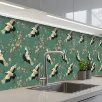 KitchenYeah Keuken achterwand 400x60 cm - Spatscherm zelfklevend Kersenbloesem - Kraamvogels - Groen - Muurbeschermer - Spatwand fornuis