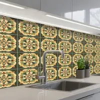 KitchenYeah Keuken achterwand 150x60 cm - Spatscherm zelfklevend Ornament - Patroon - Groen - Muurbeschermer - Spatwand fornuis