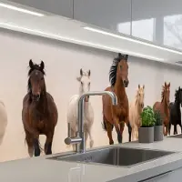 KitchenYeah Keuken achterwand 300x80 cm - Spatscherm zelfklevend Kudde paarden - Stofwolk - Bruin - Zwart - Muurbeschermer - Spatwand fornuis