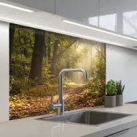 KitchenYeah Keuken achterwand 100x80 cm - Spatscherm zelfklevend Zonlicht - Bospad - Bomen - Muurbeschermer - Spatwand fornuis