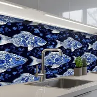 KitchenYeah Keuken achterwand 150x60 cm - Spatscherm zelfklevend Vissen - Bloemen - Blauw - Muurbeschermer - Spatwand fornuis