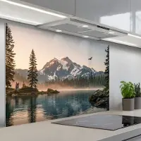 KitchenYeah Spatscherm 120x80 cm - Zelfklevende achterwand Bergen - Water - Bomen - Keuken muurbeschermer - Spatwand fornuis