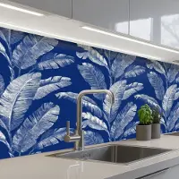KitchenYeah Keuken achterwand 150x60 cm - Spatscherm zelfklevend Blad - Palm - Blauw - Muurbeschermer - Spatwand fornuis