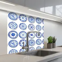 KitchenYeah Keuken achterwand 80x80 cm - Spatscherm zelfklevend Borden - Bloemen - Patroon - Blauw - Muurbeschermer - Spatwand fornuis