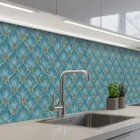 KitchenYeah Keuken achterwand 400x80 cm - Spatscherm zelfklevend Symmetrisch - Patroon - Blauw - Muurbeschermer - Spatwand fornuis