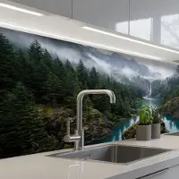 KitchenYeah Keuken achterwand 150x60 cm - Spatscherm zelfklevend Waterval - Bomen - Bergen - Muurbeschermer - Spatwand fornuis