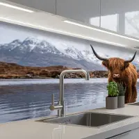 KitchenYeah Keuken achterwand 150x60 cm - Spatscherm zelfklevend Schotse hooglander - Bruin - Water - Muurbeschermer - Spatwand fornuis
