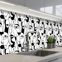 KitchenYeah Keuken achterwand 350x60 cm - Spatscherm zelfklevend Lijnen - Gezichten - Zwart - Wit - Muurbeschermer - Spatwand fornuis