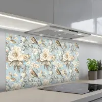 KitchenYeah Spatscherm 120x60 cm - Zelfklevende achterwand Botanisch - Zangvogel - Blauw - Keuken muurbeschermer - Spatwand fornuis