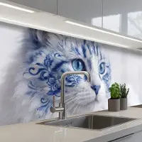 KitchenYeah Keuken achterwand 300x80 cm - Spatscherm zelfklevend Kat - Patroon - Blauw - Muurbeschermer - Spatwand fornuis