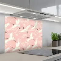 KitchenYeah Spatscherm 90x70 cm - Zelfklevende achterwand Kraanvogels - Bloesem - Roze - Keuken muurbeschermer - Spatwand fornuis