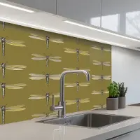 KitchenYeah Keuken achterwand 80x60 cm - Spatscherm zelfklevend Libellen - Patroon - Groen - Muurbeschermer - Spatwand fornuis