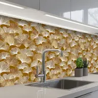 KitchenYeah Keuken achterwand 200x80 cm - Spatscherm zelfklevend Ginkgo - Bladeren - Goud - Muurbeschermer - Spatwand fornuis