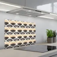KitchenYeah Spatscherm 70x55 cm - Zelfklevende achterwand Waaier - Patroon - Zwart - Beige - Keuken muurbeschermer - Spatwand fornuis