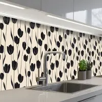 KitchenYeah Keuken achterwand 400x60 cm - Spatscherm zelfklevend Tulpen - Patroon - Zwart - Muurbeschermer - Spatwand fornuis