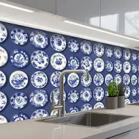 KitchenYeah Keuken achterwand 200x60 cm - Spatscherm zelfklevend Borden - Floraal - Blauw - Muurbeschermer - Spatwand fornuis