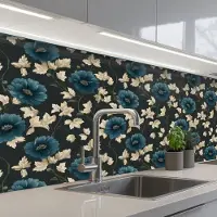 KitchenYeah Keuken achterwand 150x80 cm - Spatscherm zelfklevend Botanisch - Bloemen - Blauw - Muurbeschermer - Spatwand fornuis