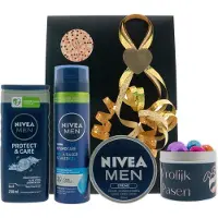 Nivea Cadeauset Men Pasen - Men Creme Blik 150 ml - Douche 250 ml For Men Protect & Care - Men Scheergel 200 ml Protect & Care - Gifts Snoepjeblikje Pasen