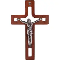 LUDA STUDIO Houten hangend kruis, modern design, bruin, met afbeelding van het Passiekruis, afmetingen 25x16x1,6 cm