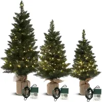 Meisterhome 3 delige Set Kunstkerstbomen met LED-verlichting - groen - Kerstboom – 3 stuks – Groen – 75/90/125 cm – Jute Voet – Brandwerend PVC